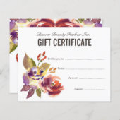 Papier Aquarelle Floral Beauté Salon Certificat cadeau (Devant / Derrière)