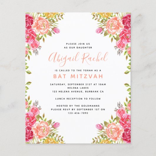 Papier Aquarelle Floral Budget Bat mitzvah Invitation (Devant)