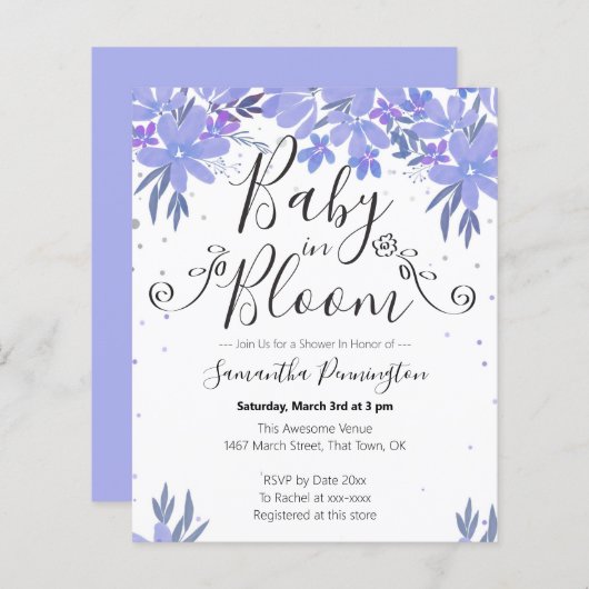 Papier Aquarelle Floral Fancy Script bébé en bleu fleur (Devant / Derrière)