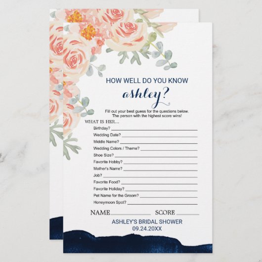 Papier Aquarelle Floral & Navy What's In Your Purse Game (Devant / Derrière)