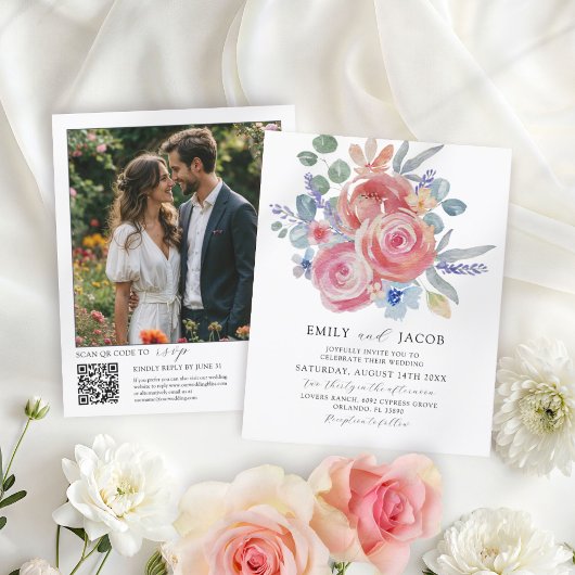 Papier Aquarelle florale rose budget QR Code Mariage