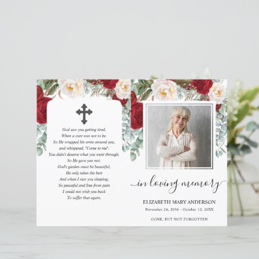Papier Aquarelle florale rouge Photo Funérailles Programm (Debout devant)
