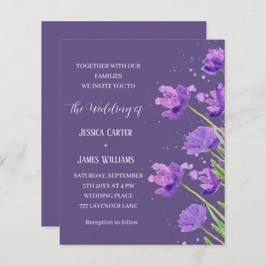 Papier Aquarelle Florale violet Élégant Mariage simple (Devant / Derrière)