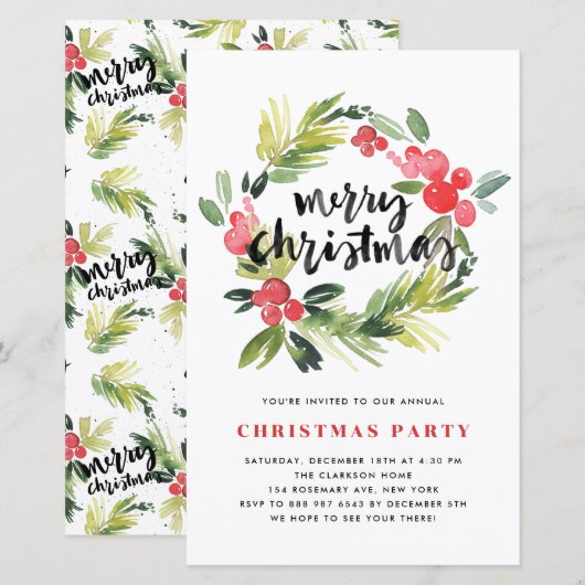 Papier Aquarelle Holly Wreath Fête de Noël Invitation (Devant / Derrière)