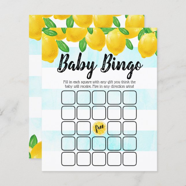 Papier Aquarelle moderne citron Baby shower Bingo (Devant / Derrière)