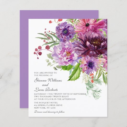 Papier Aquarelle monochrome violet budget Mariage (Devant / Derrière)