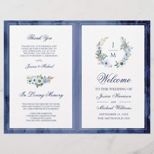 Papier Aquarelle Monogramme Floral Wreath Wedding Program (Devant)