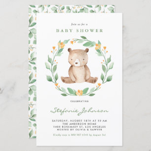 Papier Aquarelle Ours Vert Baby shower Invitation