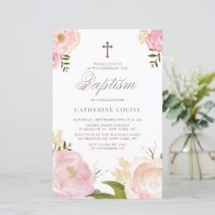 Papier Aquarelle Peonies roses Floral Baptism Invitation