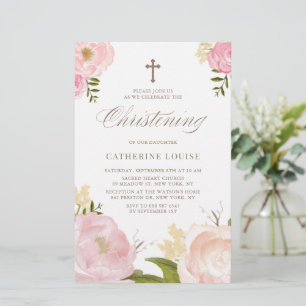 Papier Aquarelle Pink Peonies Floral Christening Invitati