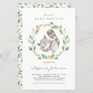 Papier Aquarelle Raccoon Vert Bébé Brunch Invitation