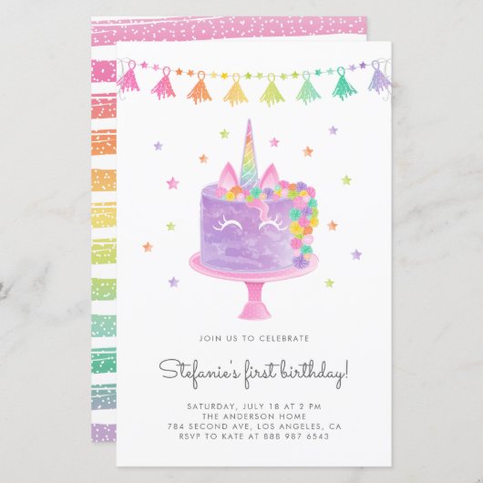Papier Aquarelle Rainbow Unicorn Cake Invitation d'annive (Devant / Derrière)