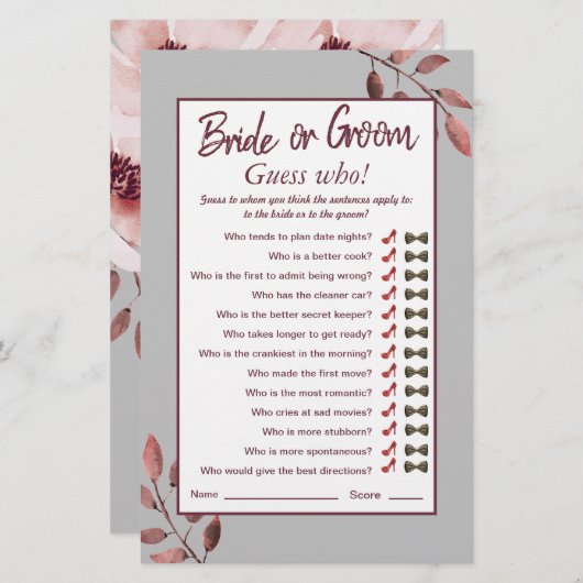 Papier Aquarelle rose Blush Jeu de Fête des mariées Flora (Devant / Derrière)