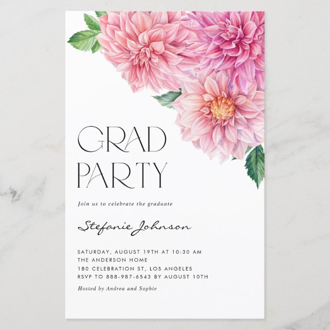 Papier Aquarelle rose Dahlia Graduation Invitation (Devant)