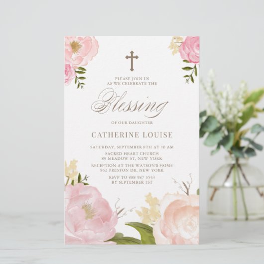 Papier Aquarelle rose Peony Floral Baby Invitation (Debout devant)