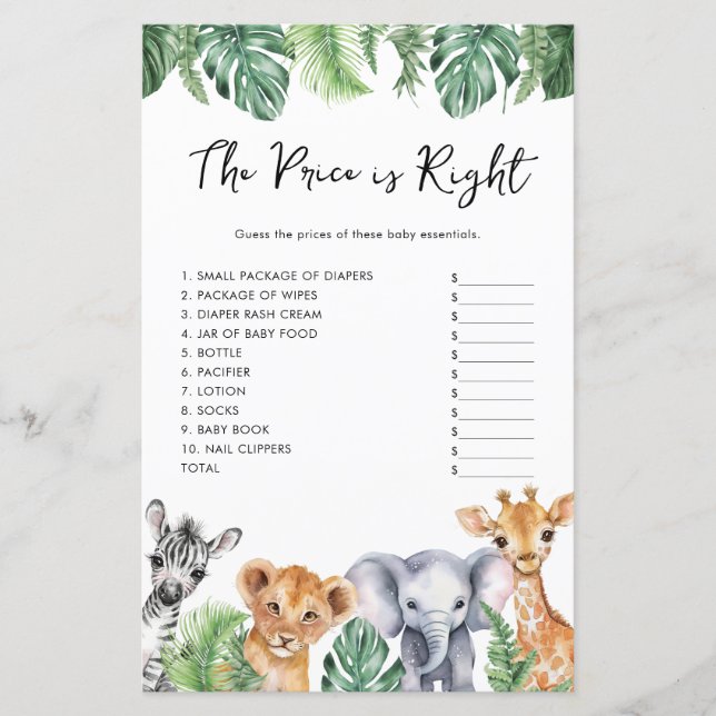 Papier Aquarelle Safari Baby shower Le Prix Est Juste (Devant)