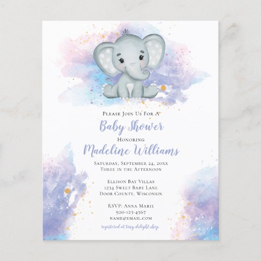 Papier Aquarelle Splash Elephant Baby shower Invitation (Devant)