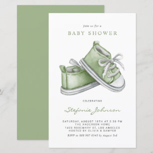 Papier Aquarelle verte Chaussures bébé Baby shower Invita