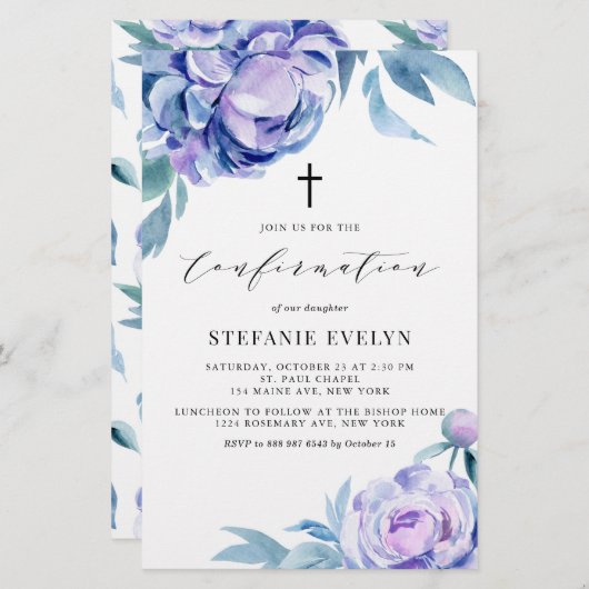 Papier Aquarelle Violet Peonies Confirmation Invitation (Devant / Derrière)