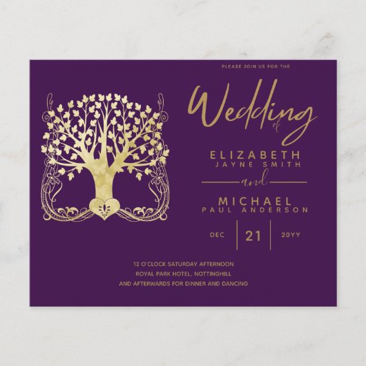 Papier Arbre d'or moderne de la vie Budget Mariage invite (Devant)