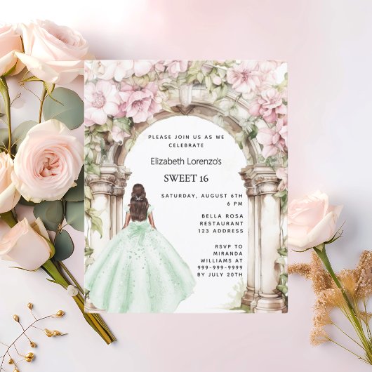 Papier Arc de fleurs roses vertes Sweet 16 invitation