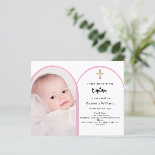 Papier Arc de photo rose fille traverser invitation Baptê (Debout devant)