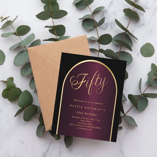 Papier Arc d'or bordeaux noir 50e anniversaire invitation