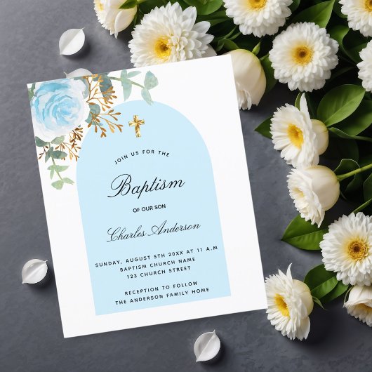 Papier Arc floral bleu budget baptême invitation