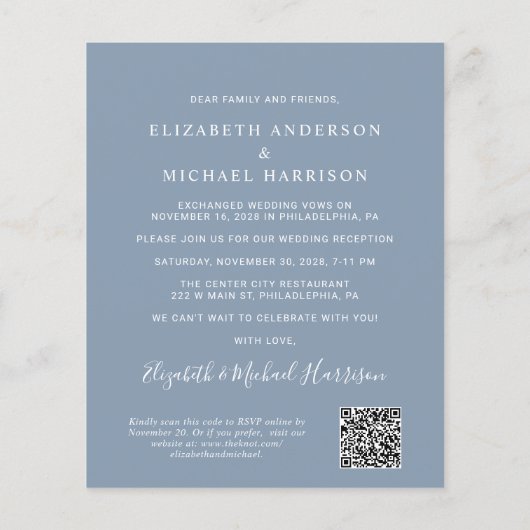 Papier Arch Photo QR Code Dusty Blue Réception Invitation (Dos)