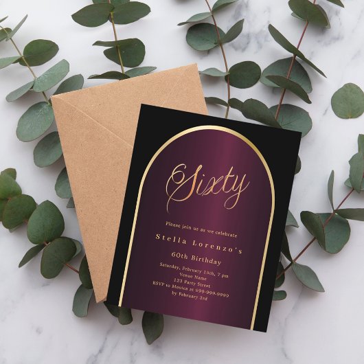 Papier Arche d'or bordeaux noir 60e anniversaire invitati