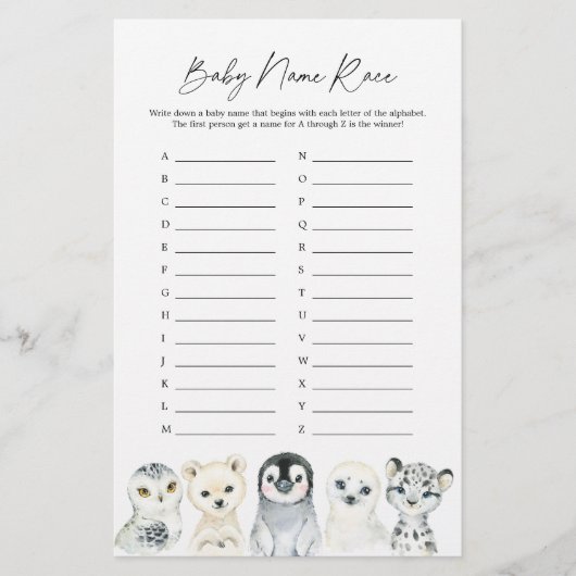 Papier Arctic Animaux Nom du Baby shower Course Jeu (Devant)