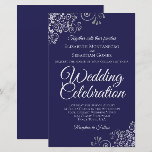 Papier Argent sur la Marine Bleu BUDGET Mariage Inviter g (Devant / Derrière)