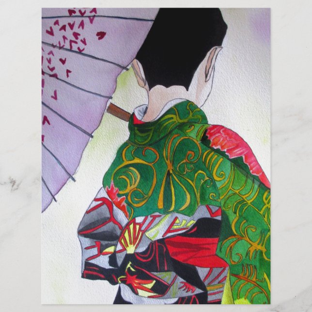 Papier Art japonais Geisha avec kimono et parapluie (Devant)