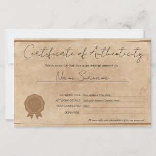 Papier Art moderne Certificat d'authenticité par