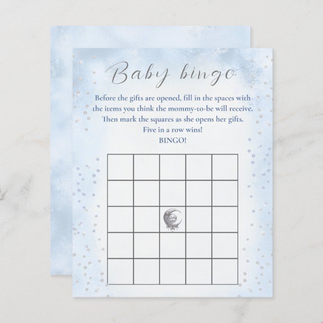 Papier Au-Dessus De La Lune Garçon Baby shower Jeu Bingo  (Devant / Derrière)