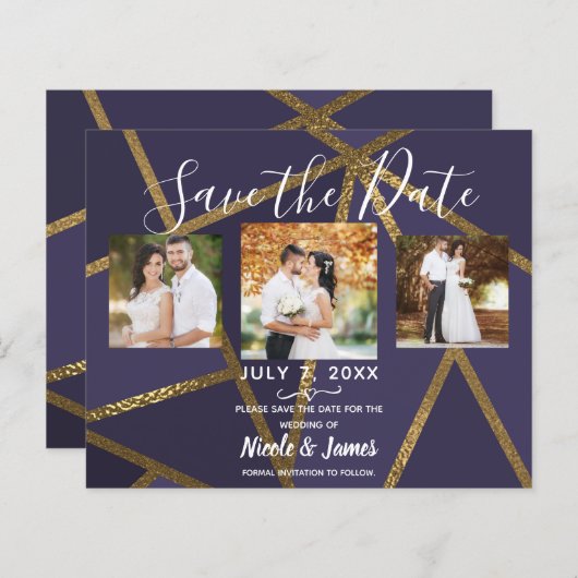 Papier Aubergine Bronze Géométrique Or Sauvegarder Date (Devant / Derrière)