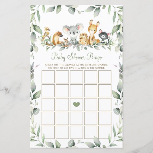 Papier Australian Animals Green Baby shower Bingo Jeu (Devant)