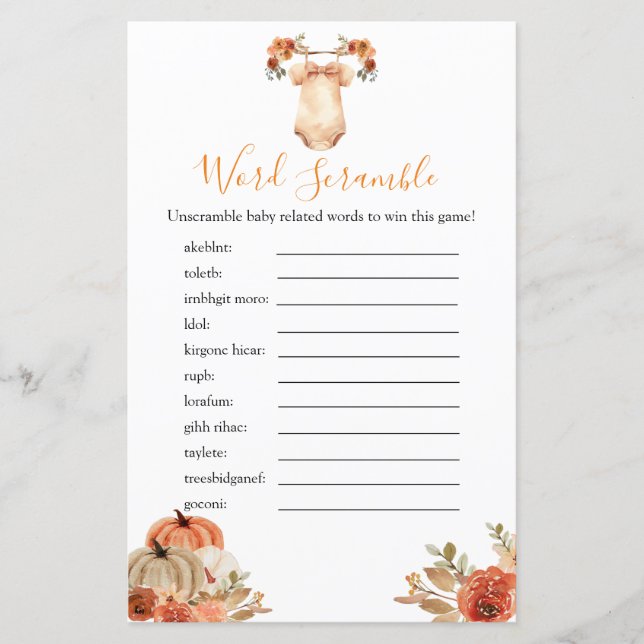 Papier Automne Citrouille Floral Baby shower Word Scrambl (Devant)