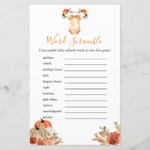 Papier Automne Citrouille Floral Baby shower Word Scrambl