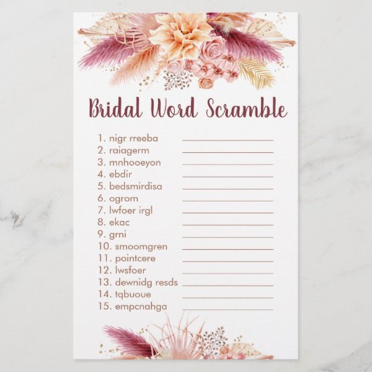 Papier Automne Pampas Grass Boho Bride Mot Scramble Jeu (Devant)