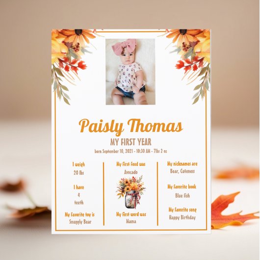 Papier Automne Tournesol 1er Anniversaire Poster de jalon