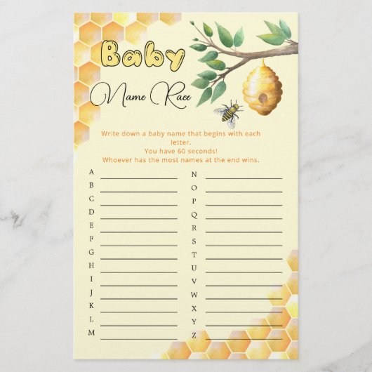 Papier Baby Bee Baby shower Baby Name Race Jeu (Devant)