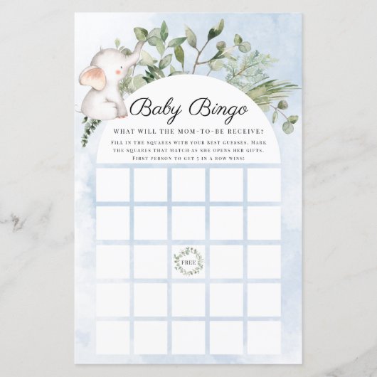 Papier Baby Bingo Elephant Garçon Blue Baby shower Jeu (Devant)