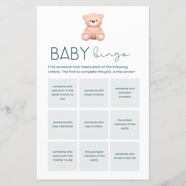 Papier Baby Bingo | Jeux pour la Fête de Bébé Garçon (Devant)