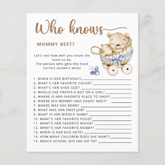 Papier Baby Boy baby shower devinez combien de nounours (Devant)