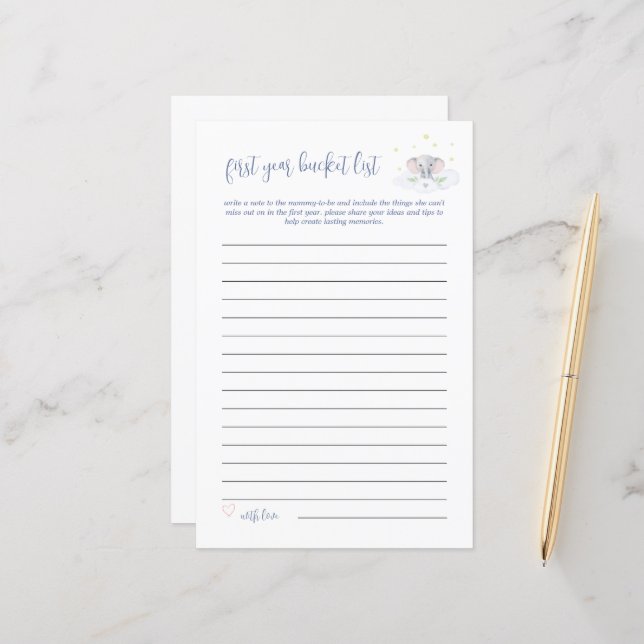 Papier Baby Bucket List Jeu Elephant Baby shower Bleu (Devant/Arrière en situation)