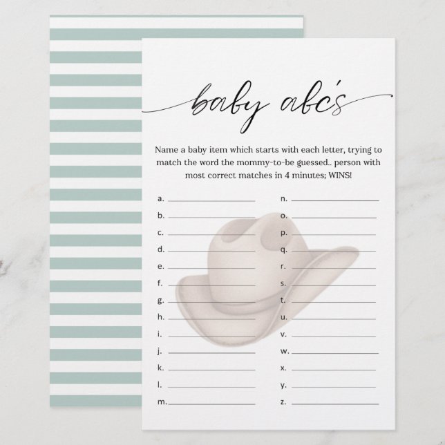 Papier Baby Cowboy ABC Shower Game with Green (Devant / Derrière)