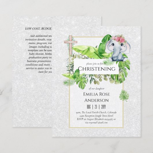 Papier Baby Elephant CHRISTENING Invitation pour les fill (Devant / Derrière)