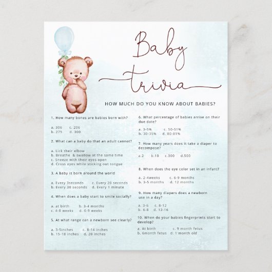 Papier Baby Facts Trivia Jeu Baby shower Teddy Bear (Devant)