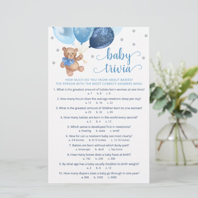 Papier Baby Facts Trivia Jeu Baby shower Teddy Bear (Debout devant)